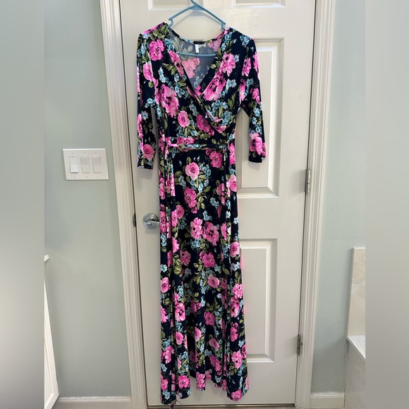 Pinkblush || Maternity Pink Navy and Blue Floral Maxi Dress with Tie - Picture 1 of 6